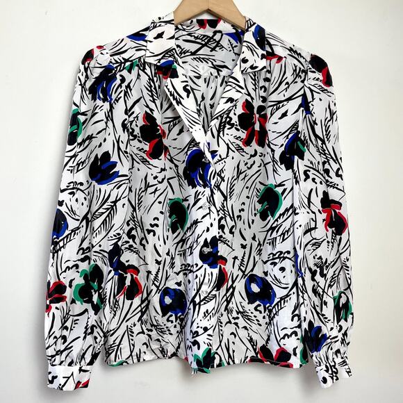 Handmade Tops - Vintage Handmade Satin Button Up Blouse Large Abstract Floral Office Dopamine